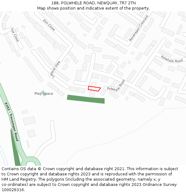 188, POLWHELE ROAD, NEWQUAY, TR7 2TN: Location map and indicative extent of plot