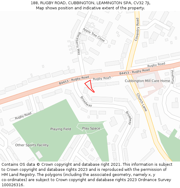 188, RUGBY ROAD, CUBBINGTON, LEAMINGTON SPA, CV32 7JL: Location map and indicative extent of plot