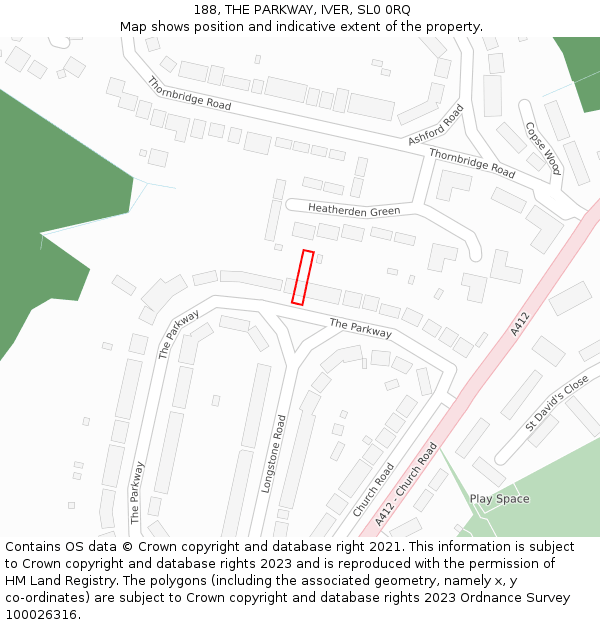 188, THE PARKWAY, IVER, SL0 0RQ: Location map and indicative extent of plot