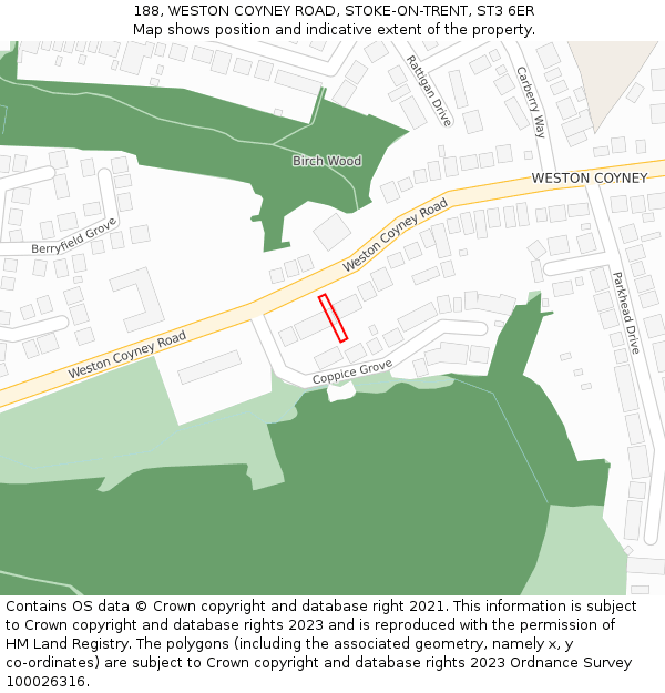 188, WESTON COYNEY ROAD, STOKE-ON-TRENT, ST3 6ER: Location map and indicative extent of plot