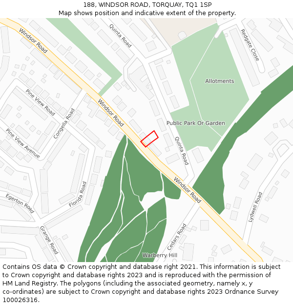 188, WINDSOR ROAD, TORQUAY, TQ1 1SP: Location map and indicative extent of plot