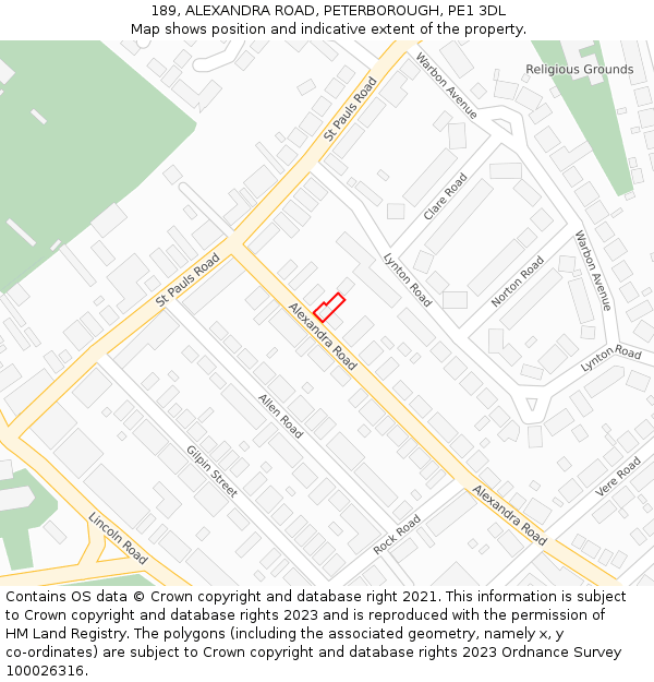 189, ALEXANDRA ROAD, PETERBOROUGH, PE1 3DL: Location map and indicative extent of plot