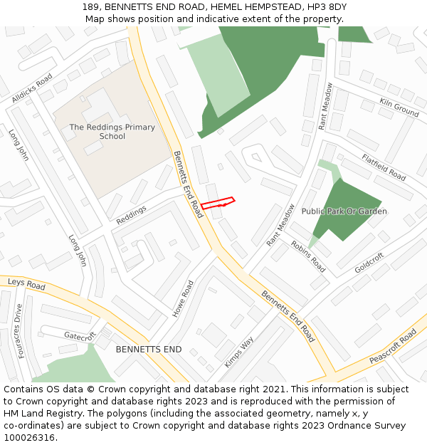 189, BENNETTS END ROAD, HEMEL HEMPSTEAD, HP3 8DY: Location map and indicative extent of plot