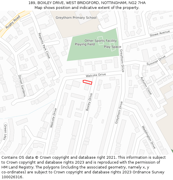 189, BOXLEY DRIVE, WEST BRIDGFORD, NOTTINGHAM, NG2 7HA: Location map and indicative extent of plot