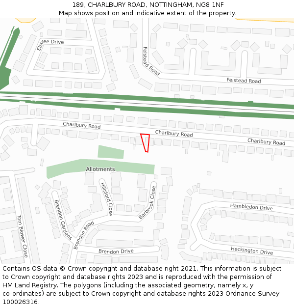 189, CHARLBURY ROAD, NOTTINGHAM, NG8 1NF: Location map and indicative extent of plot