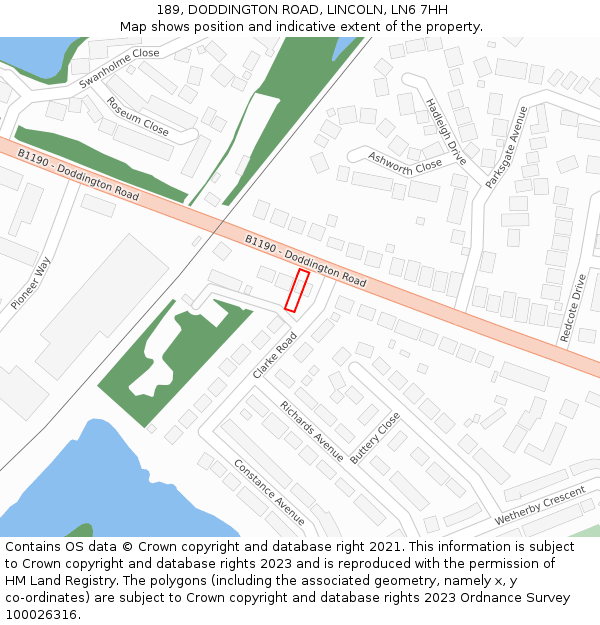 189, DODDINGTON ROAD, LINCOLN, LN6 7HH: Location map and indicative extent of plot