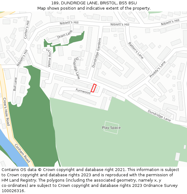 189, DUNDRIDGE LANE, BRISTOL, BS5 8SU: Location map and indicative extent of plot