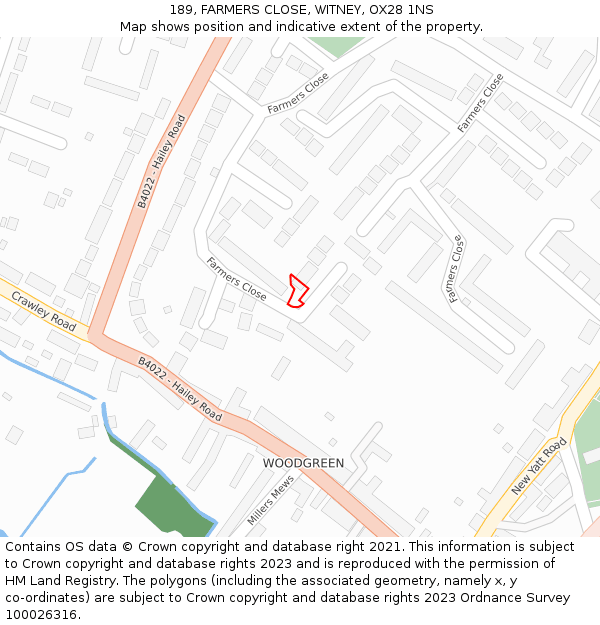 189, FARMERS CLOSE, WITNEY, OX28 1NS: Location map and indicative extent of plot