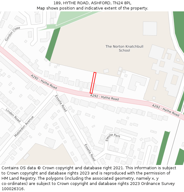 189, HYTHE ROAD, ASHFORD, TN24 8PL: Location map and indicative extent of plot