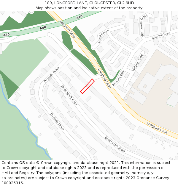 189, LONGFORD LANE, GLOUCESTER, GL2 9HD: Location map and indicative extent of plot