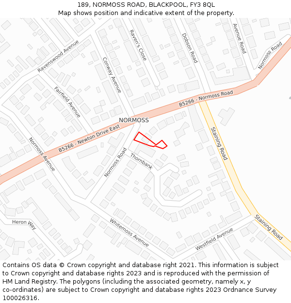 189, NORMOSS ROAD, BLACKPOOL, FY3 8QL: Location map and indicative extent of plot