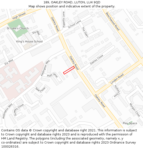 189, OAKLEY ROAD, LUTON, LU4 9QD: Location map and indicative extent of plot