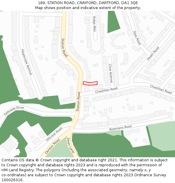 189, STATION ROAD, CRAYFORD, DARTFORD, DA1 3QE: Location map and indicative extent of plot