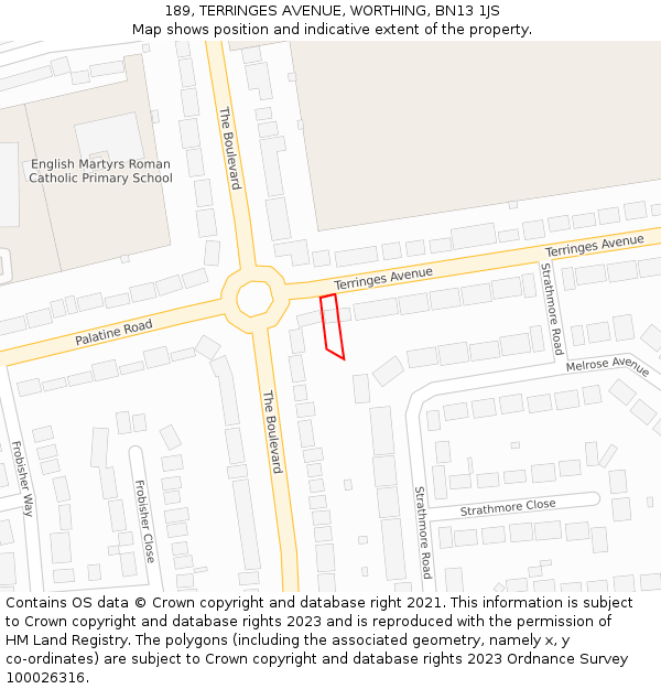 189, TERRINGES AVENUE, WORTHING, BN13 1JS: Location map and indicative extent of plot