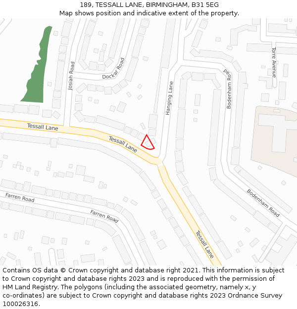 189, TESSALL LANE, BIRMINGHAM, B31 5EG: Location map and indicative extent of plot