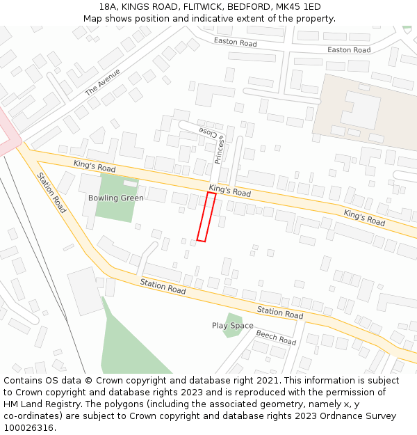18A, KINGS ROAD, FLITWICK, BEDFORD, MK45 1ED: Location map and indicative extent of plot