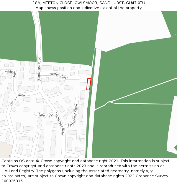 18A, MERTON CLOSE, OWLSMOOR, SANDHURST, GU47 0TU: Location map and indicative extent of plot