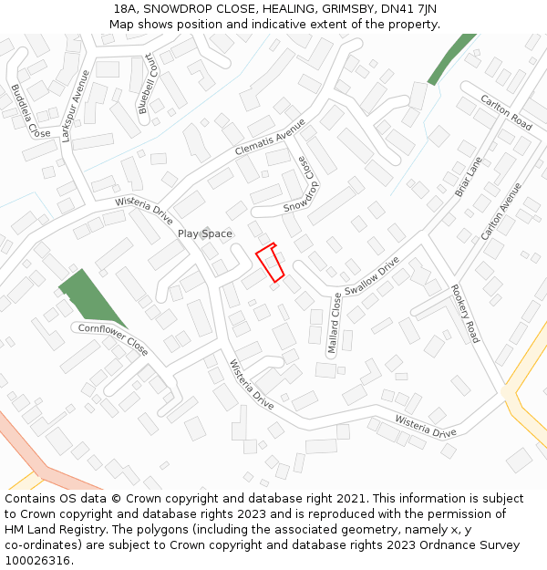 18A, SNOWDROP CLOSE, HEALING, GRIMSBY, DN41 7JN: Location map and indicative extent of plot