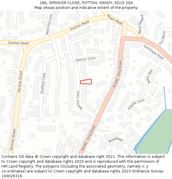 18A, SPENCER CLOSE, POTTON, SANDY, SG19 2QX: Location map and indicative extent of plot