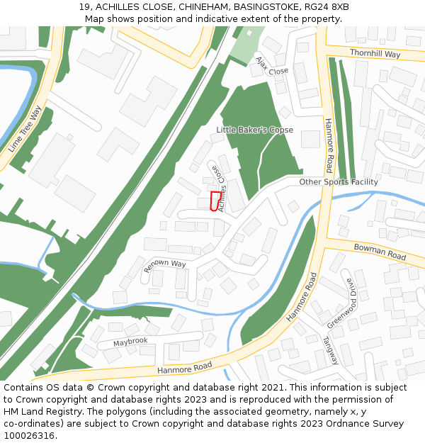 19, ACHILLES CLOSE, CHINEHAM, BASINGSTOKE, RG24 8XB: Location map and indicative extent of plot