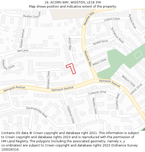 19, ACORN WAY, WIGSTON, LE18 3YA: Location map and indicative extent of plot