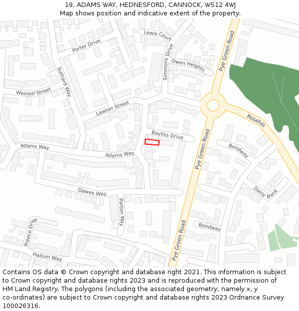 19, ADAMS WAY, HEDNESFORD, CANNOCK, WS12 4WJ: Location map and indicative extent of plot