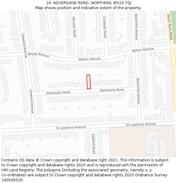 19, ADVERSANE ROAD, WORTHING, BN14 7QJ: Location map and indicative extent of plot