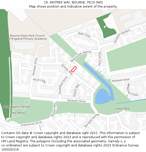 19, AINTREE WAY, BOURNE, PE10 0WG: Location map and indicative extent of plot