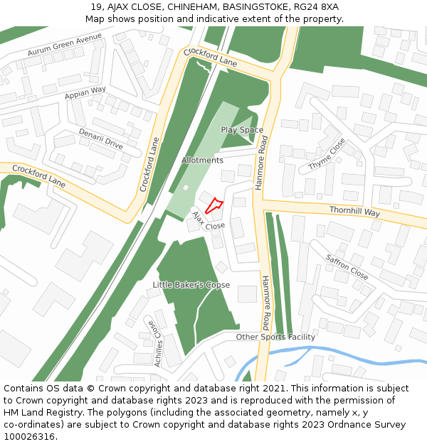 19, AJAX CLOSE, CHINEHAM, BASINGSTOKE, RG24 8XA: Location map and indicative extent of plot