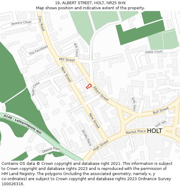 19, ALBERT STREET, HOLT, NR25 6HX: Location map and indicative extent of plot