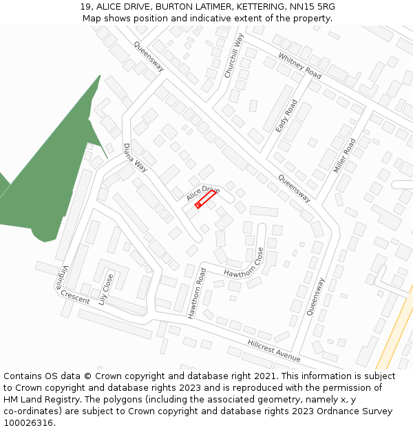 19, ALICE DRIVE, BURTON LATIMER, KETTERING, NN15 5RG: Location map and indicative extent of plot