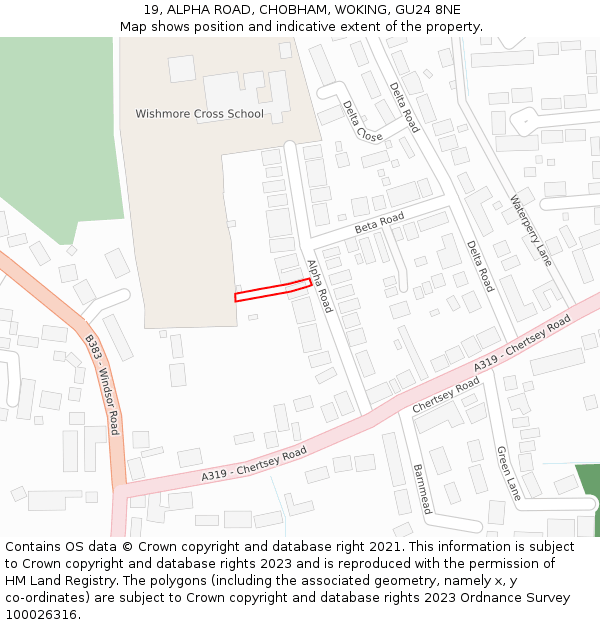 19, ALPHA ROAD, CHOBHAM, WOKING, GU24 8NE: Location map and indicative extent of plot