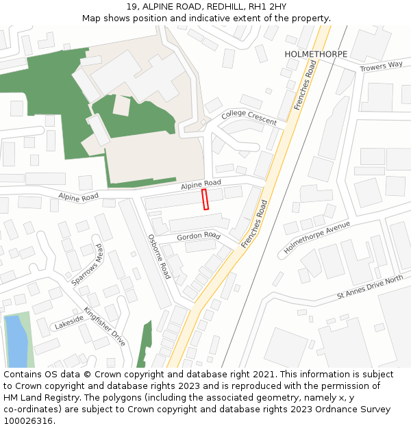 19, ALPINE ROAD, REDHILL, RH1 2HY: Location map and indicative extent of plot