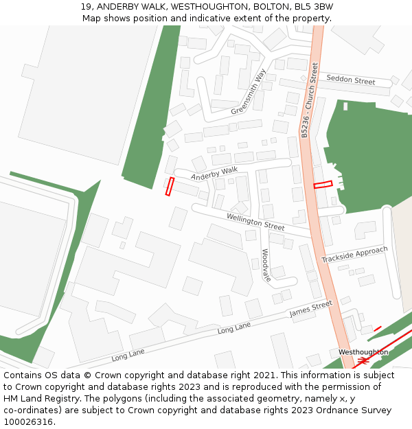 19, ANDERBY WALK, WESTHOUGHTON, BOLTON, BL5 3BW: Location map and indicative extent of plot