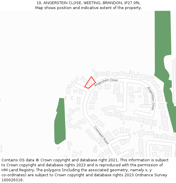 19, ANGERSTEIN CLOSE, WEETING, BRANDON, IP27 0RL: Location map and indicative extent of plot