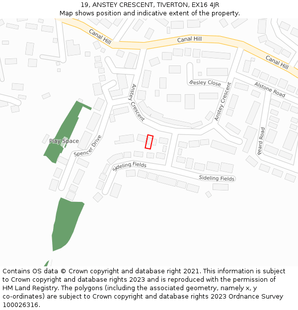 19, ANSTEY CRESCENT, TIVERTON, EX16 4JR: Location map and indicative extent of plot