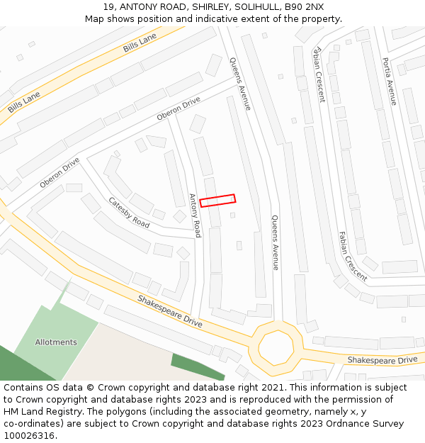 19, ANTONY ROAD, SHIRLEY, SOLIHULL, B90 2NX: Location map and indicative extent of plot