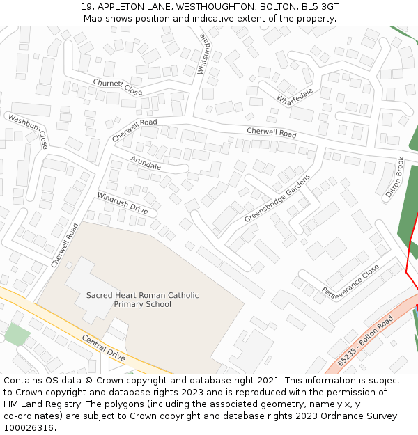 19, APPLETON LANE, WESTHOUGHTON, BOLTON, BL5 3GT: Location map and indicative extent of plot