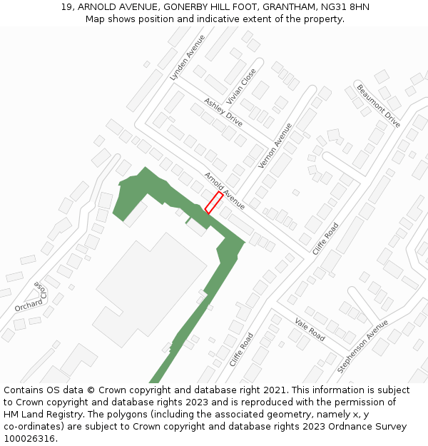 19, ARNOLD AVENUE, GONERBY HILL FOOT, GRANTHAM, NG31 8HN: Location map and indicative extent of plot