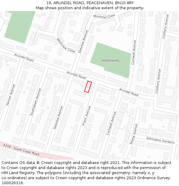 19, ARUNDEL ROAD, PEACEHAVEN, BN10 8RY: Location map and indicative extent of plot