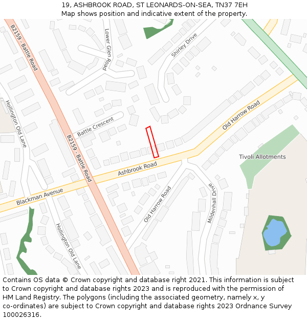 19, ASHBROOK ROAD, ST LEONARDS-ON-SEA, TN37 7EH: Location map and indicative extent of plot