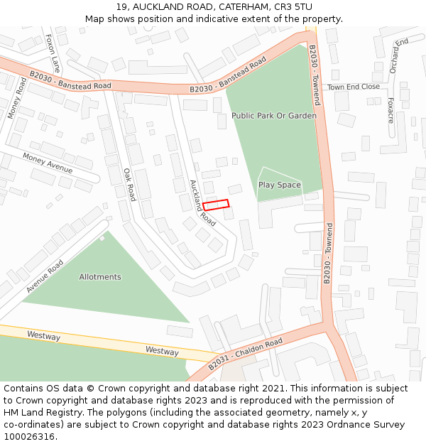 19, AUCKLAND ROAD, CATERHAM, CR3 5TU: Location map and indicative extent of plot