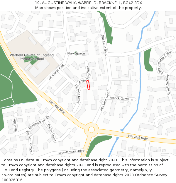 19, AUGUSTINE WALK, WARFIELD, BRACKNELL, RG42 3DX: Location map and indicative extent of plot