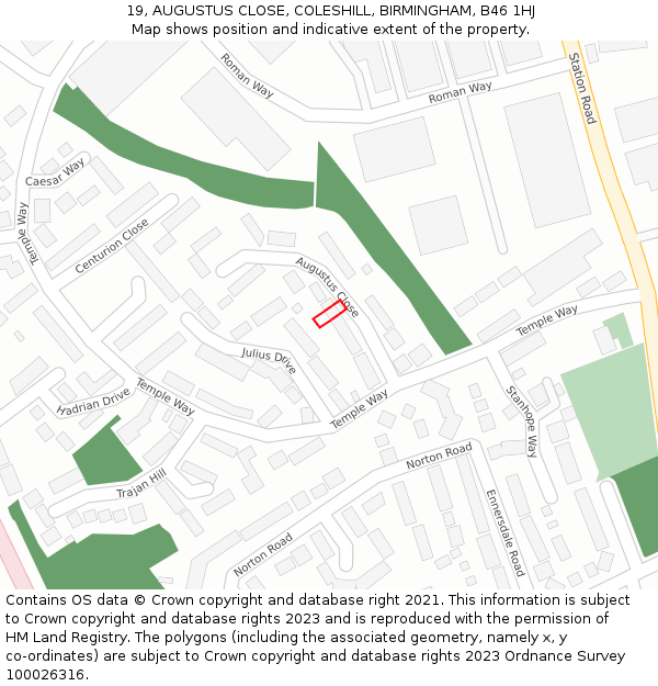 19, AUGUSTUS CLOSE, COLESHILL, BIRMINGHAM, B46 1HJ: Location map and indicative extent of plot