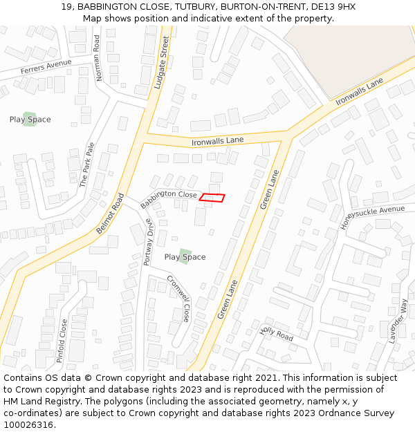 19, BABBINGTON CLOSE, TUTBURY, BURTON-ON-TRENT, DE13 9HX: Location map and indicative extent of plot