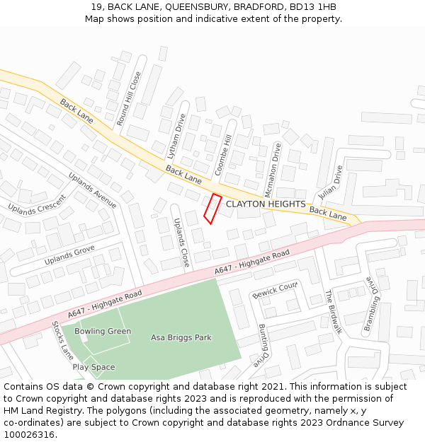 19, BACK LANE, QUEENSBURY, BRADFORD, BD13 1HB: Location map and indicative extent of plot