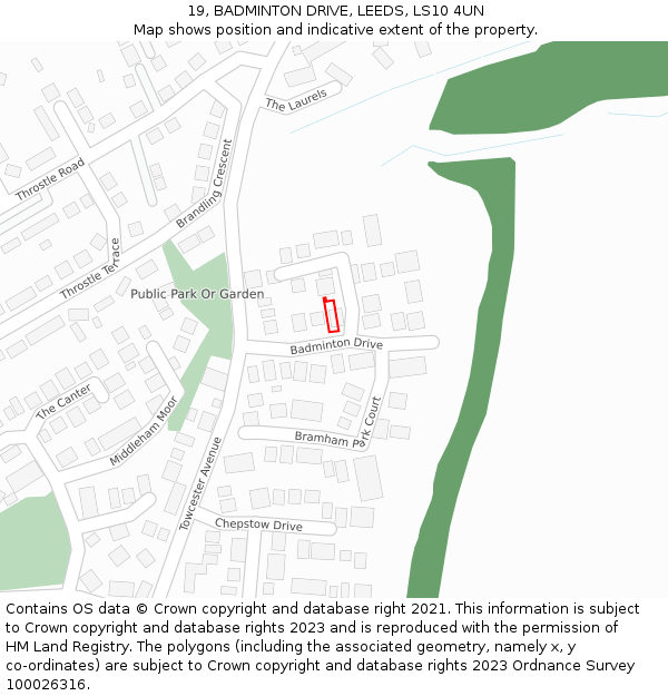 19, BADMINTON DRIVE, LEEDS, LS10 4UN: Location map and indicative extent of plot