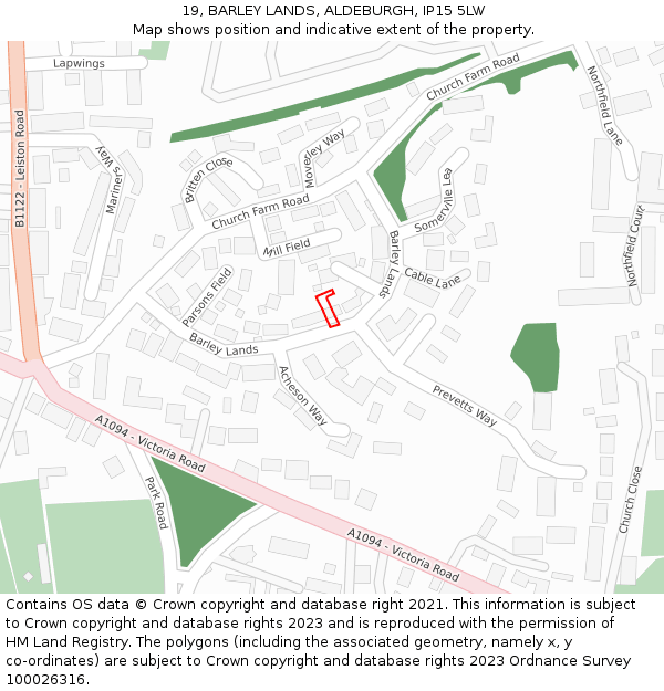 19, BARLEY LANDS, ALDEBURGH, IP15 5LW: Location map and indicative extent of plot