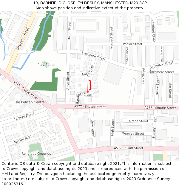 19, BARNFIELD CLOSE, TYLDESLEY, MANCHESTER, M29 8GP: Location map and indicative extent of plot