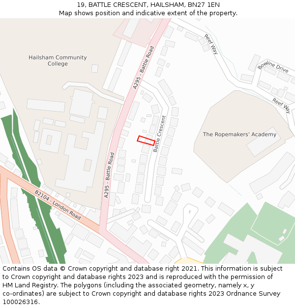 19, BATTLE CRESCENT, HAILSHAM, BN27 1EN: Location map and indicative extent of plot